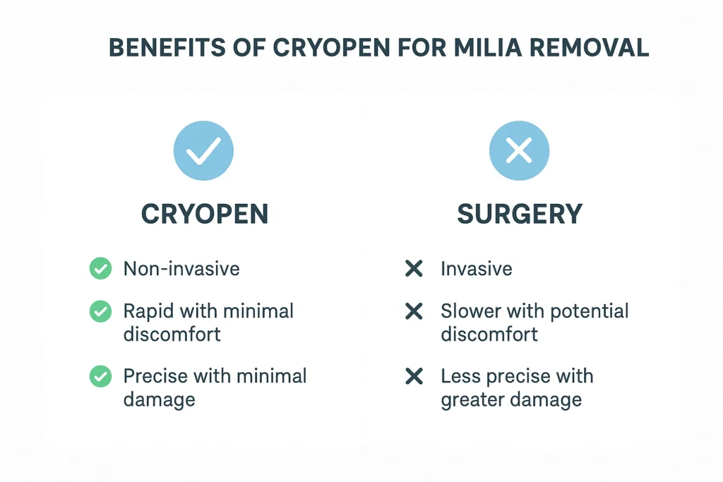 Benefits of cryopen for milia removal Matlock compared to surgical treatments.