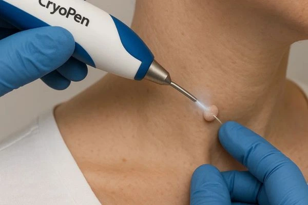 Person receiving cryotherapy Matlock for skin tag removal