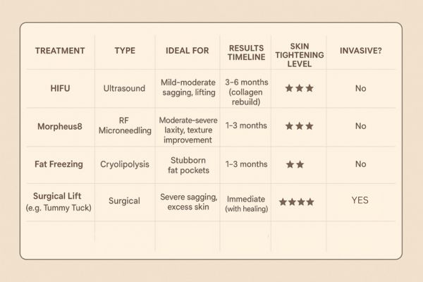 Table showing the comparisons of Skin tightening Matlock treatment options.
